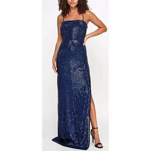 Emerald Sundae Sequined Gown Size Medium Dark Blue Adjustable Straps Side Slit